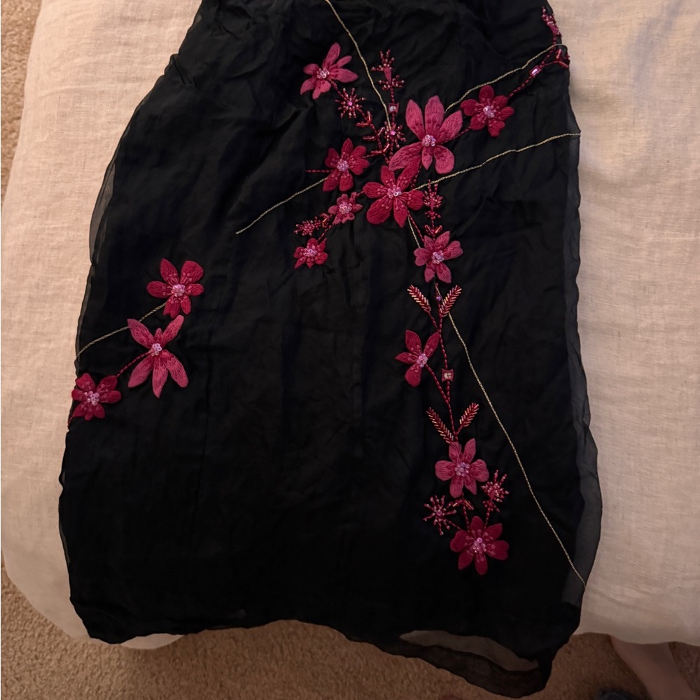 Floral Embroidered Black and Pink Skirt